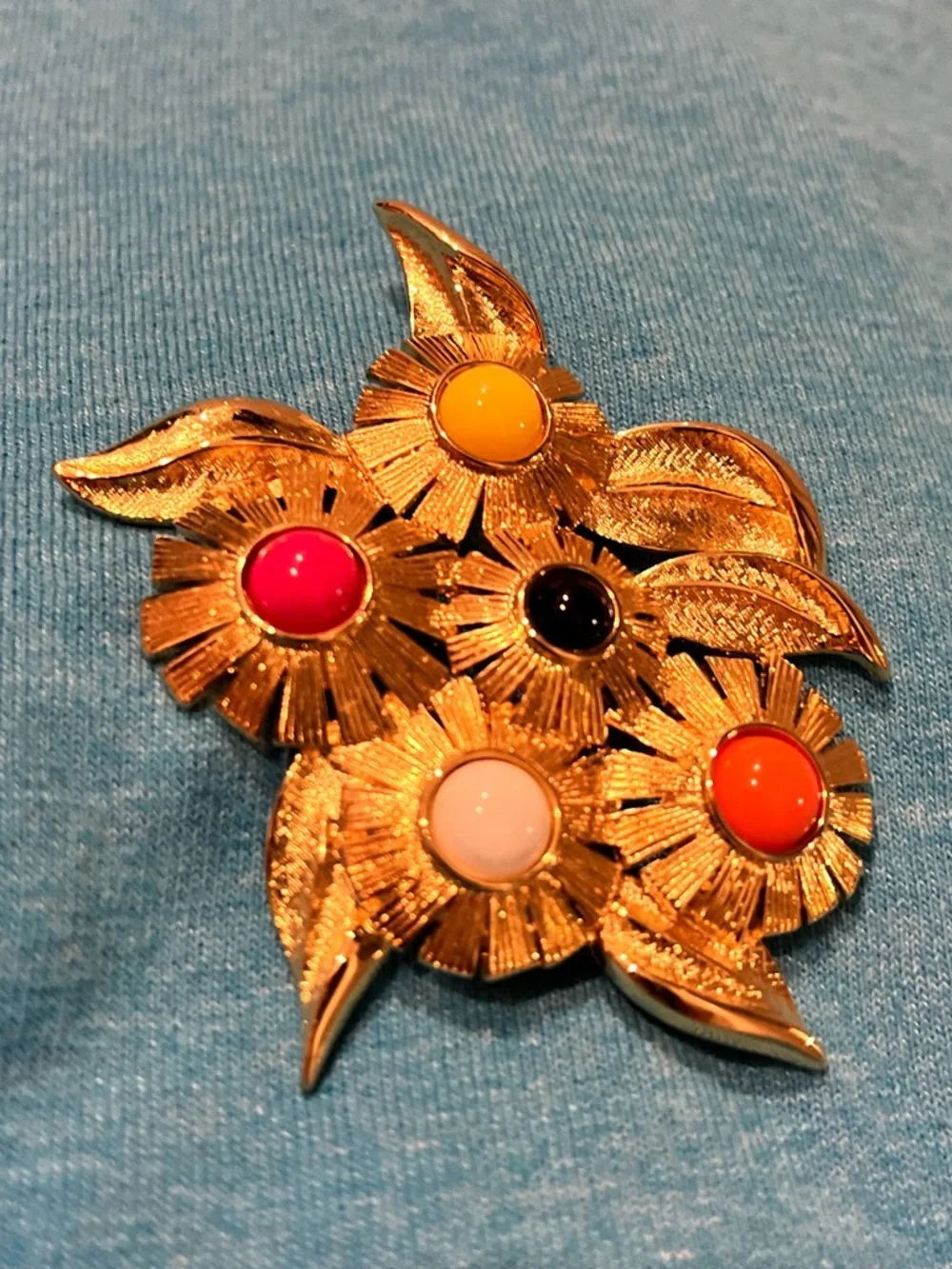 Monet Gold Floral Brooch with Pink, Yellow, Black, Orange and White Cabochons - Picture 2 of 3